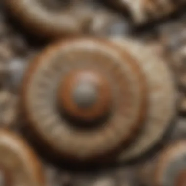 Detailed view of ammonite fossil showcasing intricate shell patterns.