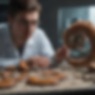 Researcher examining ammonite fossils in a laboratory setting.