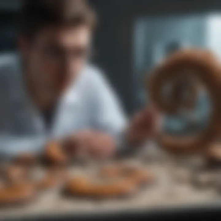 Researcher examining ammonite fossils in a laboratory setting.