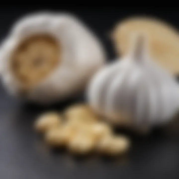 A close-up of garlic capsules with a measuring spoon beside them.