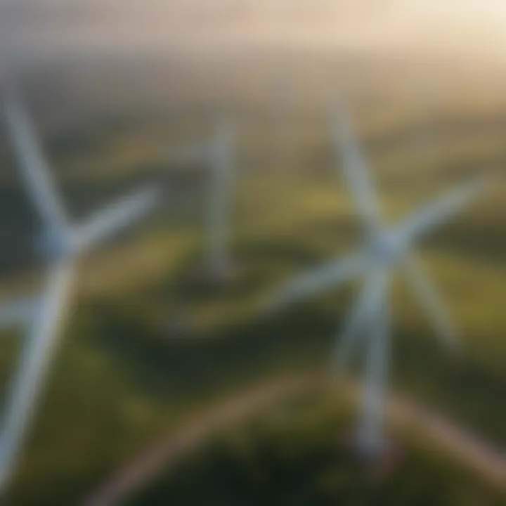 An aerial view of a wind farm showcasing multiple turbines in a green landscape.