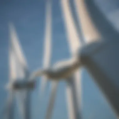 A close-up view of the blades of a wind turbine.