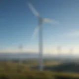 A wind turbine against a backdrop of a clear blue sky