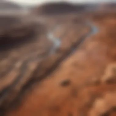 Aerial view of Martian landscape showing potential signs of ancient water flow