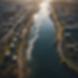 Aerial view of polluted river with industrial discharge