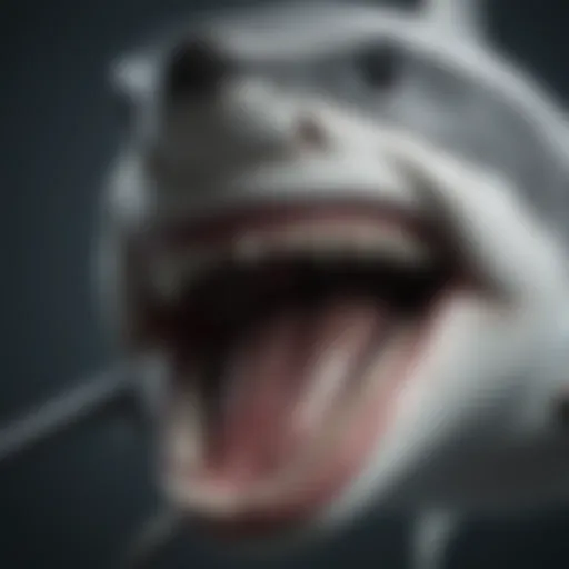 A close-up view of a great white shark showcasing its powerful jaw and teeth.