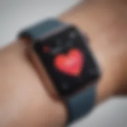 Close-up of iWatch displaying heart rate monitor