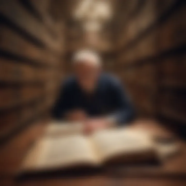 A collector examining an old medical book in a library