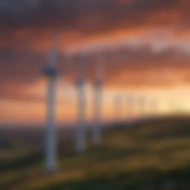 Wind turbines on a hillside with a stunning sunset backdrop symbolizing clean energy