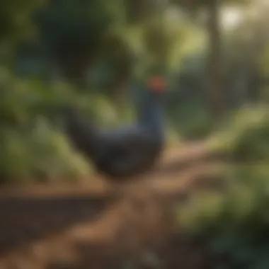 A peaceful guinea fowl habitat surrounded by greenery