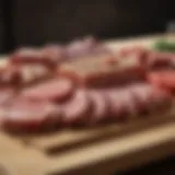 A variety of meats presented on a wooden board, highlighting different types of meat.