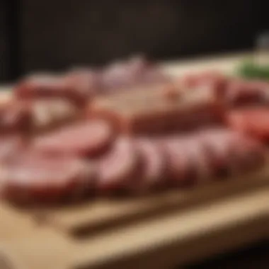 A variety of meats presented on a wooden board, highlighting different types of meat.