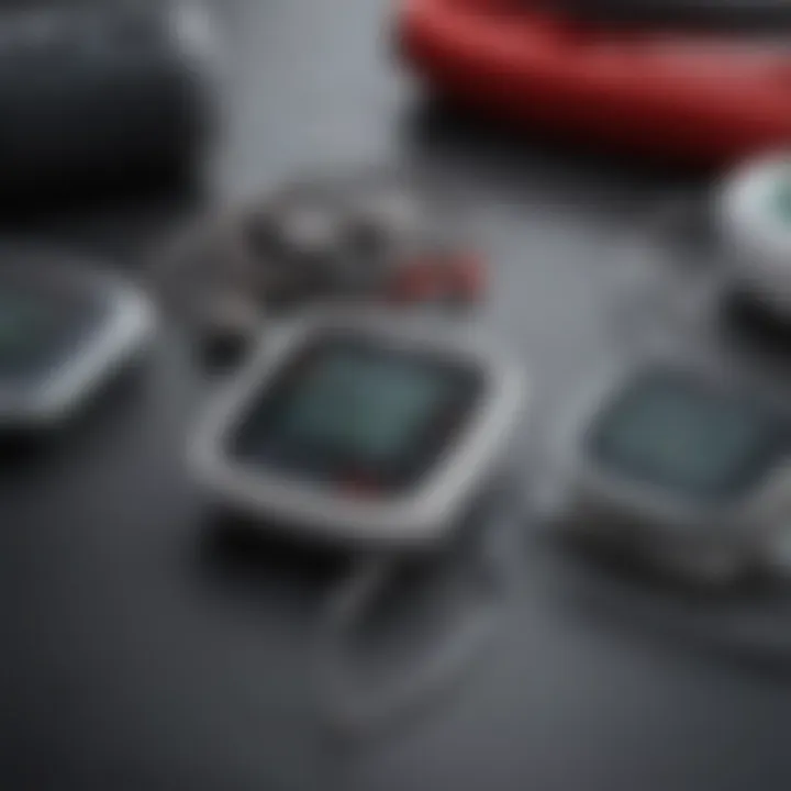 Different types of blood pressure monitors arranged for comparison.