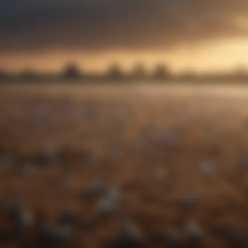 A diverse flock of birds in agricultural fields