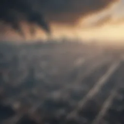 Aerial view of a polluted city skyline with smog