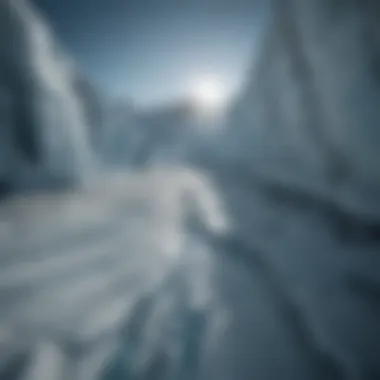 Close-up of glacier ice with visible cracks and water pooling, illustrating the effects of climate change.