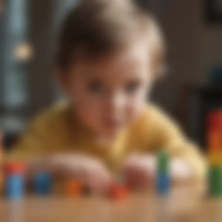 Close-up of a toddler engaging in play with blocks, showcasing focus and intention