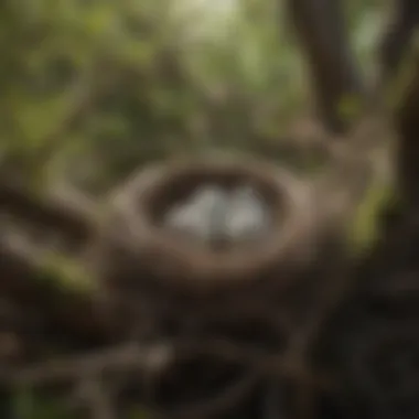 Nest Environment and Brooding A close-up of a bird nest situated in a tree, highlighting the environmental factors affecting brooding.