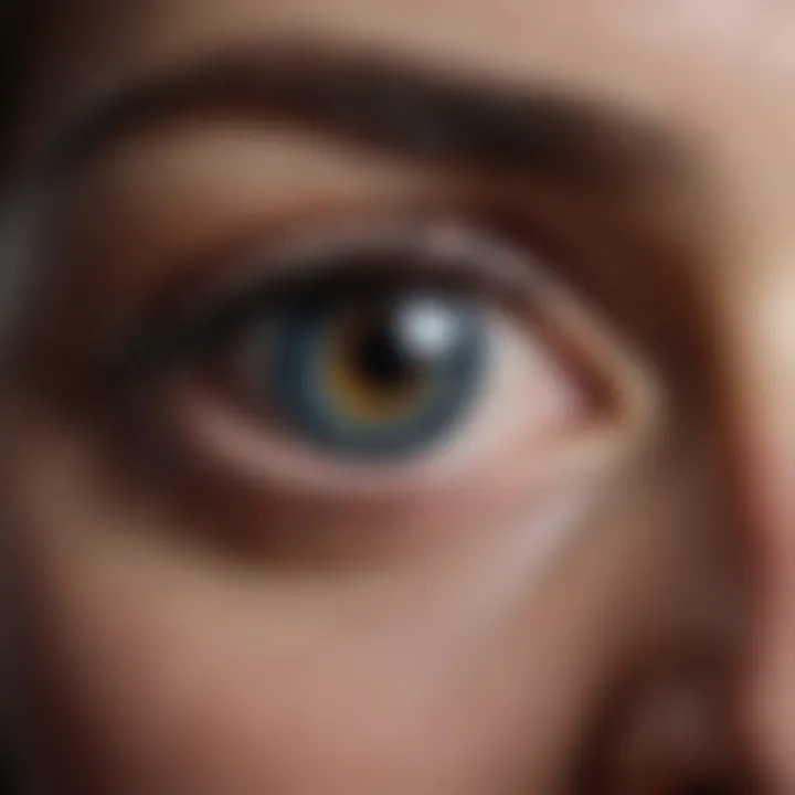 Close-up of a person's eye reflecting a somber mood.