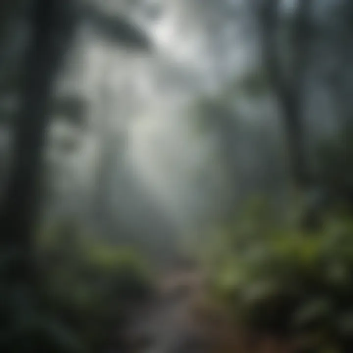 Fog settling over a rainforest landscape