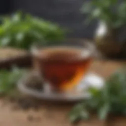 A serene cup of herbal tea surrounded by fresh ingredients