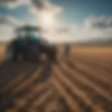 A serene landscape showcasing a farmer at work in a vast field under a clear blue sky.