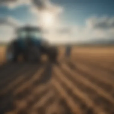 A serene landscape showcasing a farmer at work in a vast field under a clear blue sky.